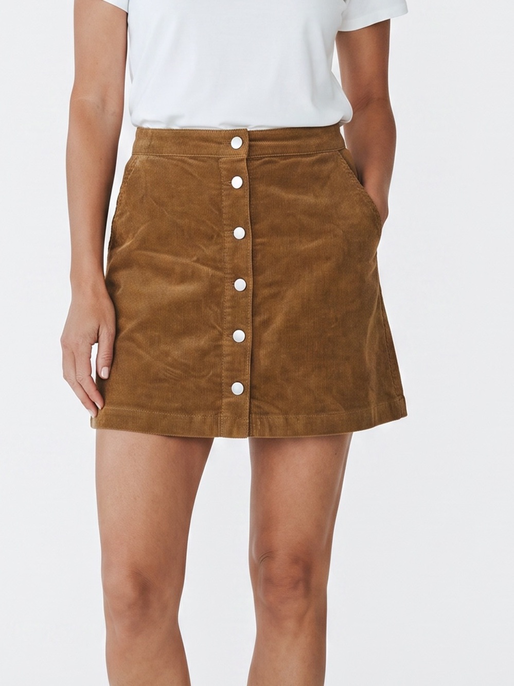 Uniqlo Brown Corduroy Mini Skirt 12 | 70s Retro Snap Front Cottagecore NWOT